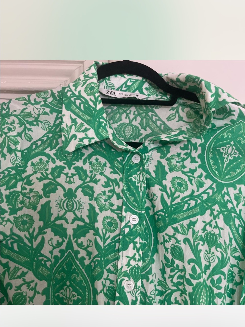 Zara Green and White Long-Sleeve Printed Shirt Dress no belt